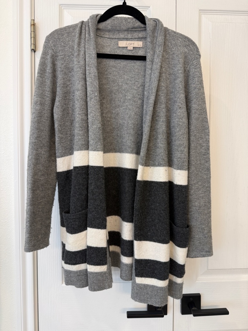LOFT Petites Gray Cream Striped Open Front Cardigan Size XSP